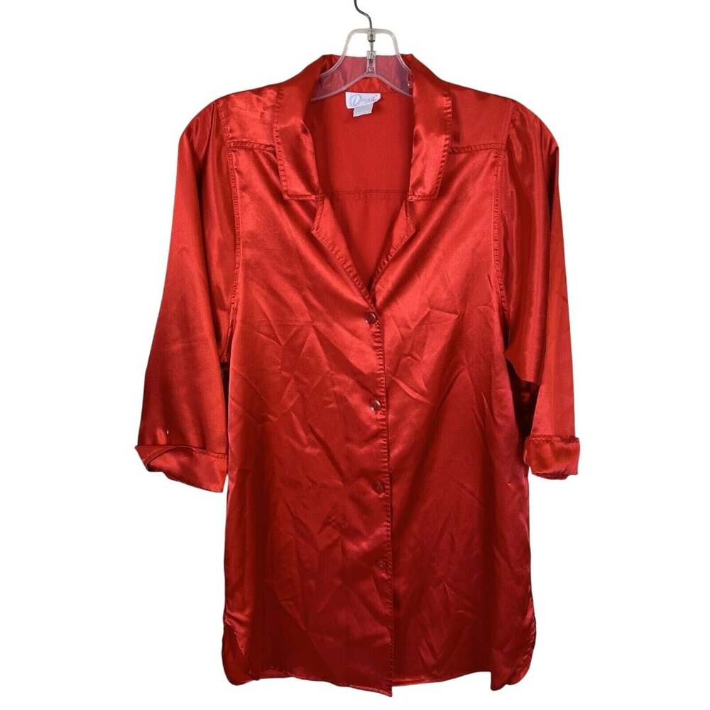 Vintage Womens Small Button Down Red Oversized Night Shirt Lingerie Nightgown